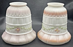 2 Antique Glass Lamp Shades White with Raised Roses Trellis Type Pattern - Picture 1 of 17