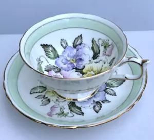 VTG PARAGON SWEET PEA FLORAL CUP & SAUCER Double Warrant A 1838 Green Band Gold - Picture 1 of 24