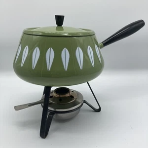 Vintage Catherine Holmes Enalmelware Fonduetopf mit Ständer und Brenner grün LESEN - Bild 1 von 24