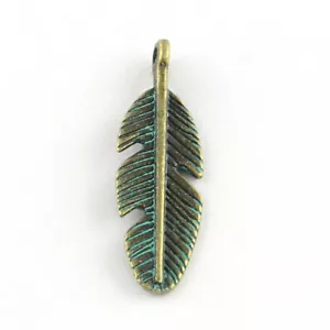 Patina Feather Charms Bronze Green Verdigris Pendants Weathered 29mm 2pcs - Picture 1 of 2