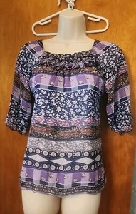 Justice Size 14 3/4 Sleeve Tunic Sheer Lined Tie Back Ruffle Pattern Purples - Picture 1 of 7
