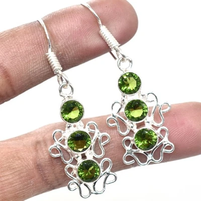 Faceted Peridot Simulated Gemstone Silver Plated Jewelry Earring 1'' to 2 V772 - Image 1 of 4