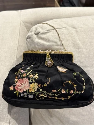 Vintage 1930s Silk Purse HandMade In France Embroidered Flowers & Bead Encrusted - Image 1 of 4