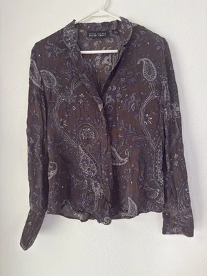 Blusa ELLEN TRACY Seda Paisley Mujer 4 Marrón Botones Ocultos Puños Franceses  Foto 1 de 4