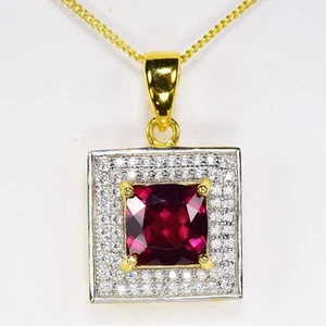925 STERLING SILVER PENDANT NATURAL RED PINK RHODOLITE GARNET &WHITE CZ GEMSTONE - Picture 1 of 10