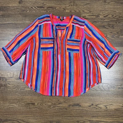 Torrid Harper Blouse Womens 3X Multicolor Stripe Split Neck Roll Tab Plus Size - Image 1 of 4
