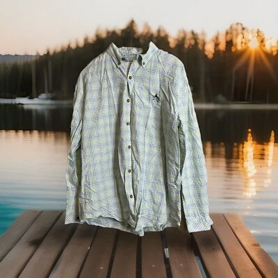 Guy Harvey Shirt Men L Button Down Yellow Blue Plaid Swordfish Logo Long Sleeve - Image 1 of 4