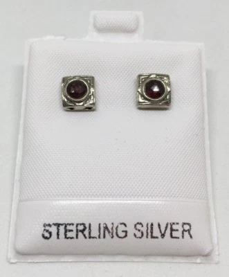Sterling Silver & Amethyst Round Stone Square Stud Earrings New Old Stock - Image 1 of 4