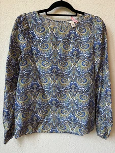 Blusa J Crew Mujer Seda Manga Larga Verde Talla 2 Paisley Azul Teal Amarillo Crema - Imagen 1 de 12