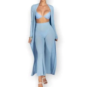 Meshki Tia Ribbed Sheer Knit Wide Leg Trousers Cornflower Blue Size Small - Bild 1 von 13