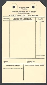 1959 U S Post Office Customs Declaration Tag W/Afixing Holes Mint - Picture 1 of 2