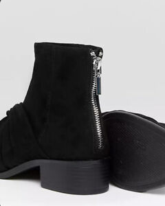 PULL & BEAR Black Ankle Boots UK 4 EUR 37 Suede Zip Back Twist Front Knot Short