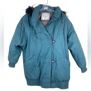 UTEX Green Down Water Fowl Filled Hooded Faux Fur Parka Puffer Jacket Sz M - Picture 1 of 11