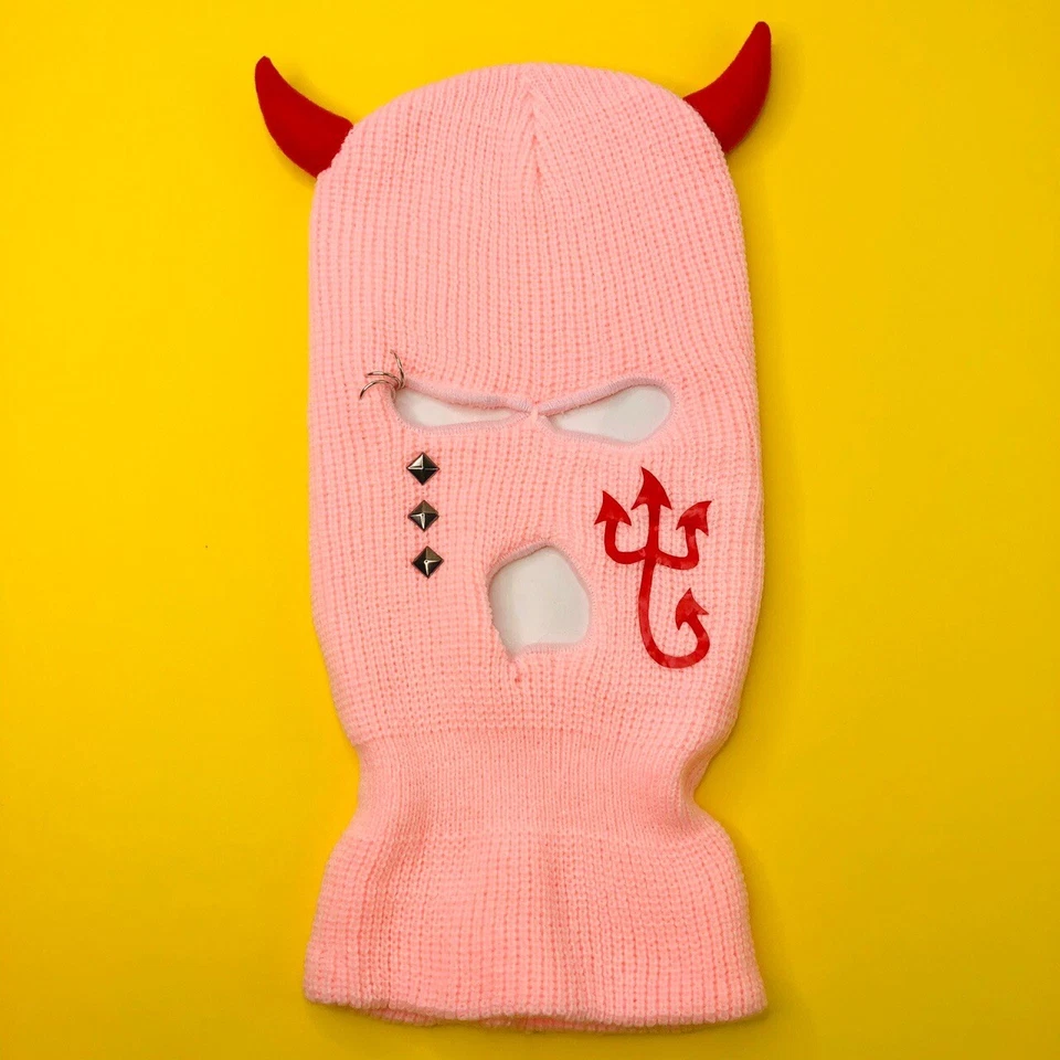 Máscara de esquí rosa Cry Evil Devil cuernos de pasamontañas gorro Halloween 3 agujeros máscara facial Foto 1 de 4