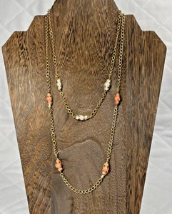 Vintage 1987 Avon Captured Accents Faux Coral & Pearl Caged Gold Tone Necklaces - Picture 1 of 10