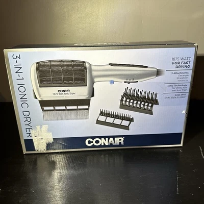 Conair 3 In 1 Ionic Dryer With Attachments 1875 Watts Silver New - Image 1 of 4