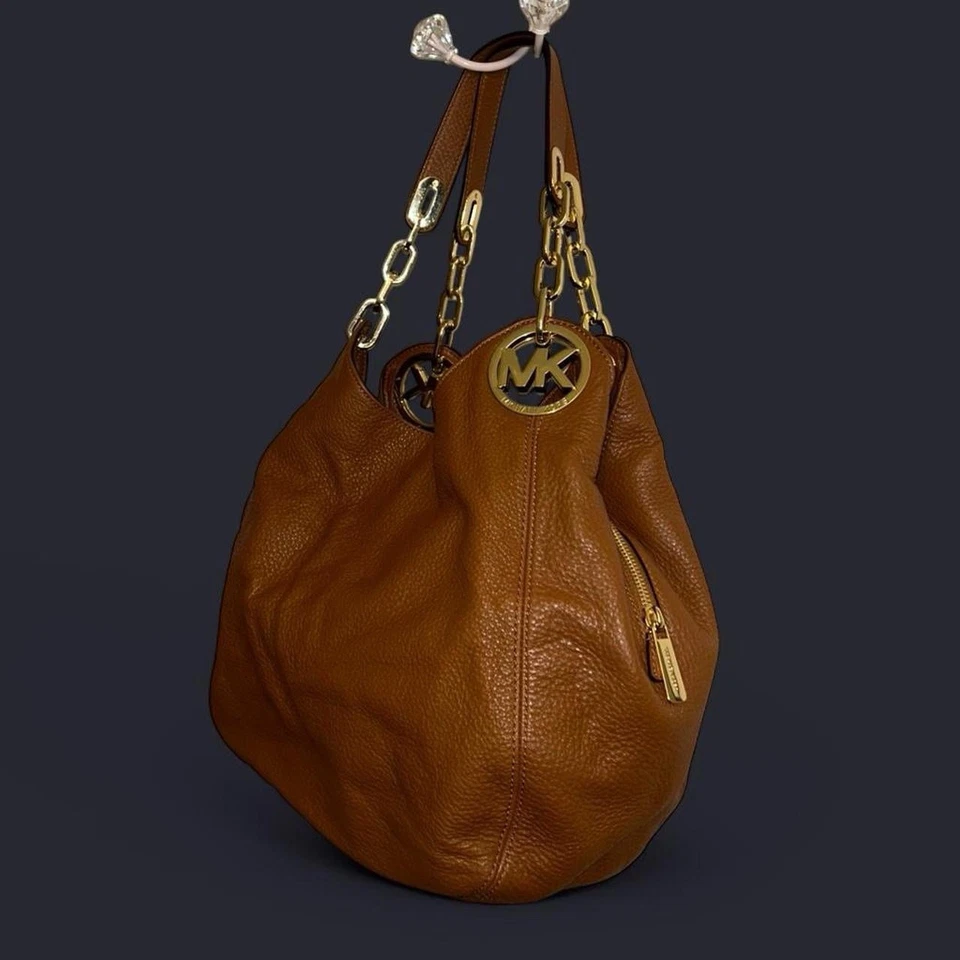 MICHAEL KORS FULTON ACORN BROWN LEATHER GOLD LOGO CHAIN SHOULDER BAG - Image 1 of 4