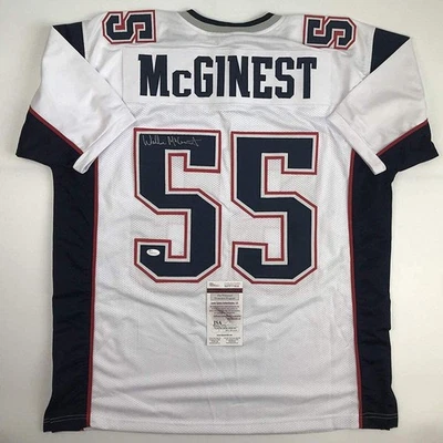 Camiseta de fútbol blanca autografiada/firmada de Willie McGinest de Nueva Inglaterra certificado de autenticidad JSA Foto 1 de 4