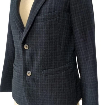 45转/分Umi908羊毛定制格子夹克海军蓝绿色日本制造二手 — 第 1/4 张图片