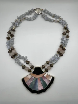 Vintage Lee Sands Chip Stone Bead MOP Mosaic Necklace - Image 1 of 4