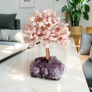 Crystal Tree Rose Quartz Tree Of Life with Amethyst Base Bonsai Tree Home Decor - Picture 1 of 1