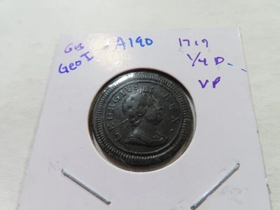 A190 Gran Bretaña George I 1719 Farthing en muy buen estado Foto 1 de 2