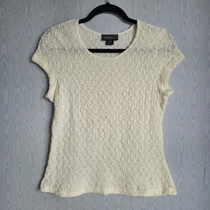 Vtg Elementz XL Y2K Crinkle Fuzzy Popcorn Sheer Stretch Ivory Off White Baby Tee - Picture 1 of 8
