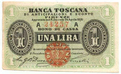 1 LIRA BANCA TOSCANA DI ANTICIPAZIONI E SCONTO FIRENZE 24/04/1870 SUP- - Image 1 of 4