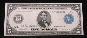 1914 5 $ GROSSER BUNDESRESERVESCHEIN - BLAUES ETIKETT - LINCOLN - SCHÖN VZ - Bild 1 von 4