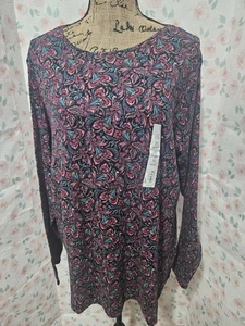 CROFT & BARROW, CAMISETA GEOMÉTRICA MUJER NUEVA ROSA/TURQ ALGODÓN MANGA LARGA, TALLA 1X - Imagen 1 de 7