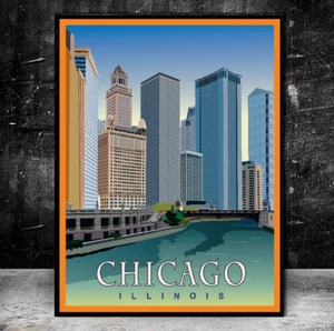 Chicago Travel Print Chicago Illinois Skyline, Wall Art Print, Travel Poster - Picture 1 of 7