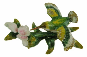 Green Hummingbird Hinged Trinket / Jewelry Box Pewter Bejeweled Treasures - Picture 1 of 3