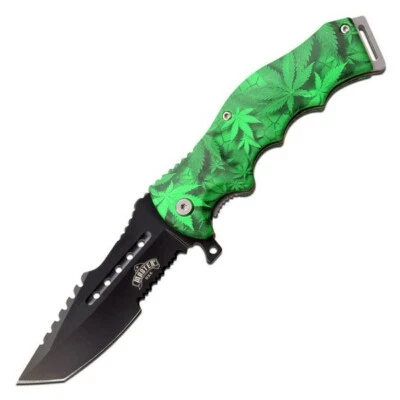 Master USA Green Marijuana Leaf Linerlock 4 ¾" Tactical Folder Knife MU-A102GN - Image 1 of 2