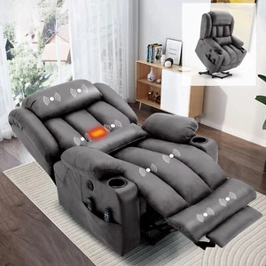 Large Lay Flat Power Lift Recliner Chair with Heat Massage & Extended Footrest - Picture 1 of 40