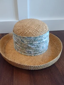 Vintage Laura Ashley Natural Straw Hat w/ Floral Fabric Band Garden Britain - Picture 1 of 8