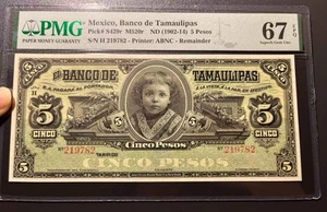 Billetes 5 Pesos PMG 67 México 1902 - 1914 Banco de Tamaulipas - Imagen 1 de 2