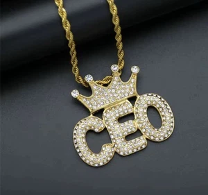 CEO Crown Pendant Necklace Gold Iced Out Bling Hip Hop Chain | HGS-Ltd - Picture 1 of 3