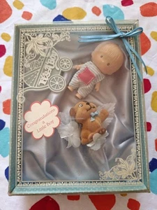 Vtg Retro Cake Topper Decoration Kitsch Baby It's A Boy Set Blue Doll Box 80s  - Picture 1 of 11