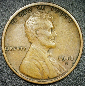 F+ 1918 D 1C Lincoln Wheat Cent - Picture 1 of 2