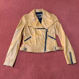 Women’s Black Rivet Yellow Leather Moto Jacket Size S - Picture 1 of 6