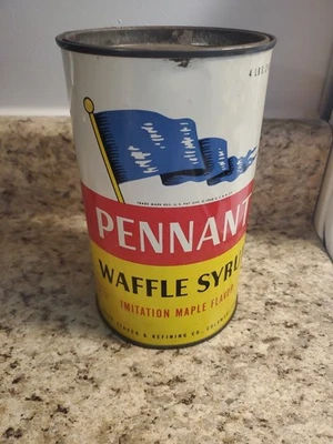 Vintage 1948 Pennant Waffle Syrup Metal Can Columbus Indiana 4lbs 2 Oz 7" Tall - Image 1 of 4