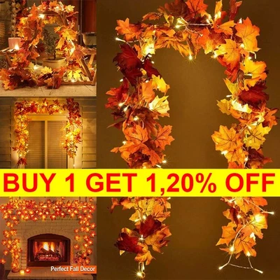LOVELYHOME-UK Autumn Fall Maple Leaves LED Lights Garland Hanging Plant Halloween Home Decor