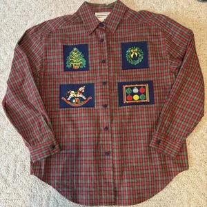 Westbound PETITES 10P Plaid Button-Down Shirt Christmas Holiday Embroidered - Picture 1 of 8