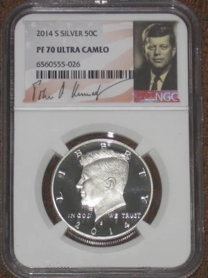 2014 S Silver Proof JFK Kennedy Half Dollar NGC PF70 UCAM 50c PR Base - Image 1 of 2