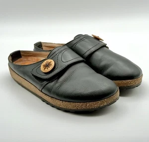 Zapato cómodo Haflinger para mujer talla 40/US 9 cuero negro madera botón mula suela de corcho - Imagen 1 de 10