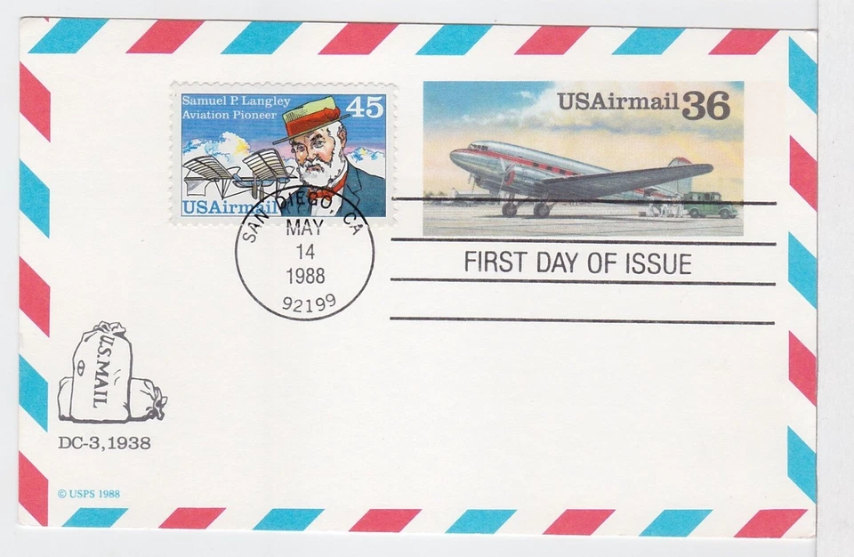 TurtlesTradingPost- DC-3 Aircraft Postal Card 1988 #UXC24 FDC Langley Combo - Image 1 of 1