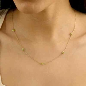 4mm Lab Created Peridot August Birthstone Station Necklace 14K Yellow Gold Over - Picture 1 of 7