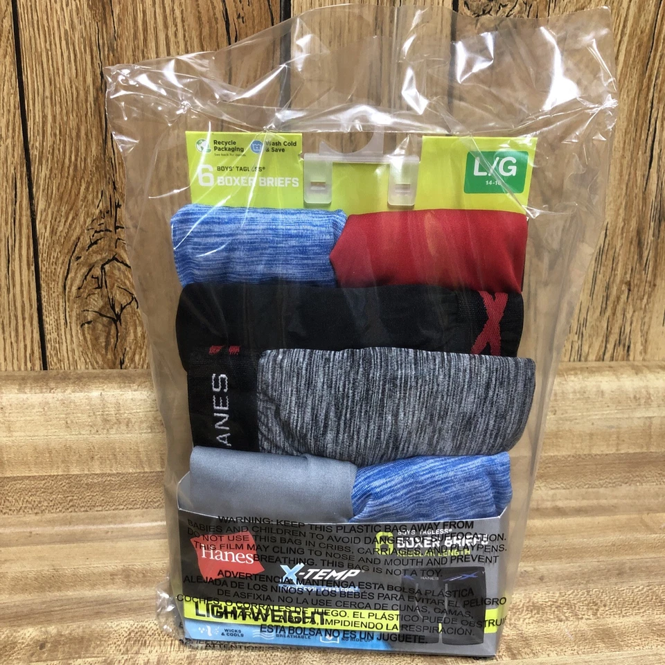 Hanes 286660 Boys Boxer Briefs Lightweight Moisture-Wicking Underwear 6-Pack LG
