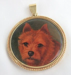 Vintage 14K Artist Original Signed Hand Painted Cairn Terrier Dog Pendant - Picture 1 of 7