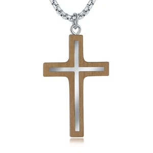 Wooden Cross Necklace for Men, Natural Walnut Wood Hand Inlaid Fine Steel Chr... - Picture 1 of 9